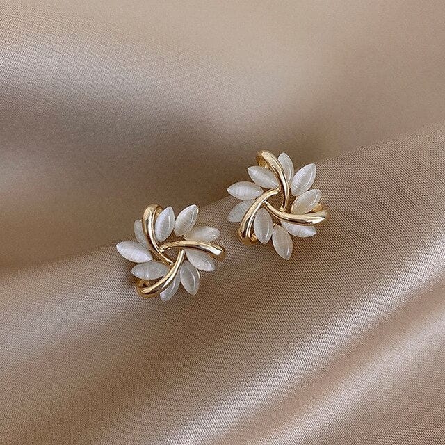 Gold White Opal Earrings